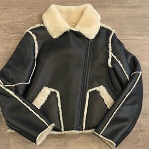 bebe Black Faux Leather Jacket with Cream Shearling Trim